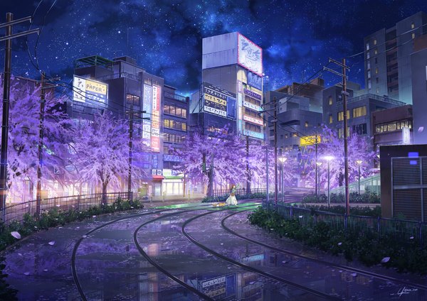 Anime picture 1920x1357 with original niko p long hair highres brown hair full body arm up night night sky cherry blossoms city reflection walking girl dress plant (plants) animal petals tree (trees) building (buildings)