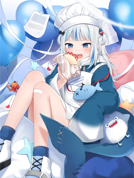 Anime picture 900x1193 with virtual youtuber hololive hololive english gawr gura bloop (gawr gura) nachi single long hair tall image blush fringe open mouth blue eyes sitting holding looking away silver hair bent knee (knees) tail blunt bangs