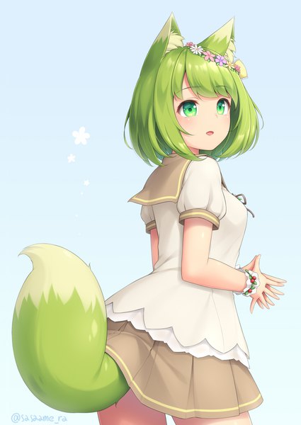Anime picture 730x1030 with original sasaame single tall image blush fringe short hair open mouth simple background standing green eyes signed animal ears payot looking away tail long sleeves animal tail pleated skirt green hair