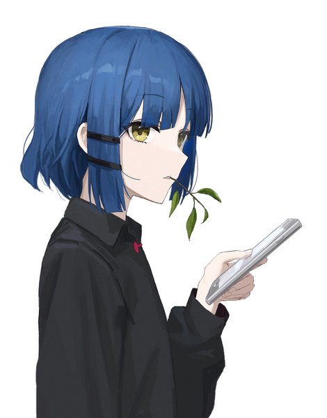 Anime picture 1500x1914 with bocchi the rock! cloverworks yamada ryou nekoreito single tall image short hair simple background white background holding yellow eyes blue hair upper body mouth hold girl bobby pin mobile phone branch smartphone