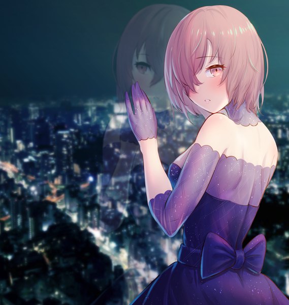 Anime picture 1222x1288 with fate (series) fate/grand order mash kyrielight yumesaki takeshi single tall image looking at viewer blush fringe short hair standing bare shoulders pink hair indoors parted lips pink eyes arm up blurry hair over one eye night