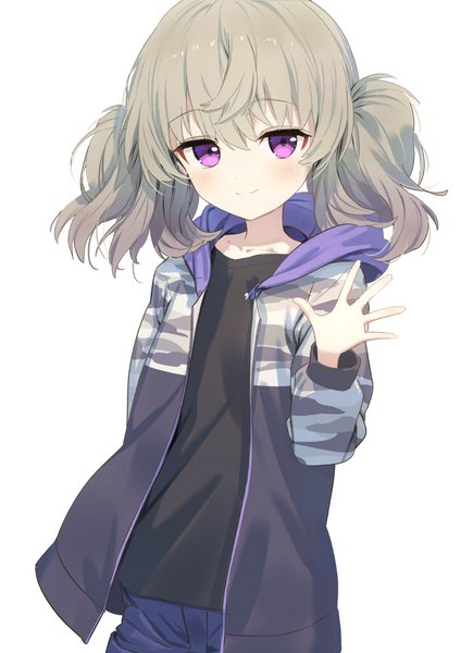 Anime picture 868x1228 with slow loop yoshinaga koi wasabi60 single tall image looking at viewer blush fringe short hair simple background smile hair between eyes white background purple eyes twintails grey hair open jacket short twintails waving girl