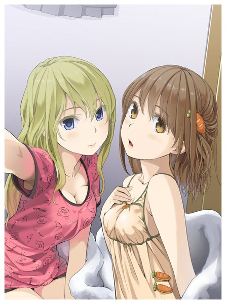 Anime-Bild 753x1014 mit original yoropa long hair tall image looking at viewer open mouth blue eyes blonde hair brown hair bare shoulders multiple girls brown eyes girl hair ornament 2 girls