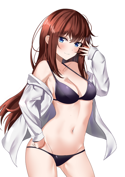Anime picture 2894x4093 with steins;gate white fox makise kurisu maanu single long hair tall image looking at viewer blush fringe highres breasts blue eyes light erotic simple background smile hair between eyes brown hair large breasts standing