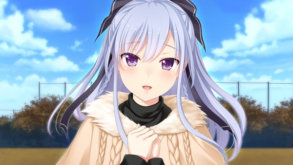Anime picture 1280x720 with gin'iro haruka kisaragi mizuha single long hair looking at viewer blush open mouth wide image purple eyes game cg silver hair girl bow hair bow