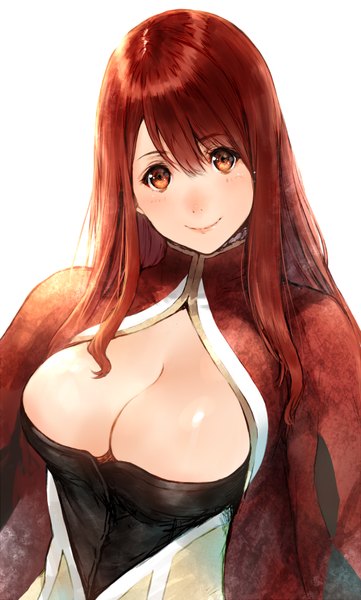 Anime picture 482x800 with maoyuu maou yuusha arms corporation maou (maoyuu) makimura shunsuke single long hair tall image looking at viewer fringe breasts light erotic simple background smile red eyes large breasts white background cleavage red hair head tilt girl