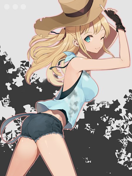 Anime picture 750x1000 with original harano single long hair tall image looking at viewer blue eyes blonde hair bare shoulders one eye closed wink girl gloves hat shorts fingerless gloves