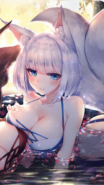 Anime picture 1311x2330 with azur lane akagi (azur lane) kaga (azur lane) akagi (paradise amaryllis) (azur lane) kaga (everlasting killing stone) (azur lane) xing tall image looking at viewer blush fringe short hair breasts blue eyes light erotic large breasts bare shoulders multiple girls holding animal ears cleavage