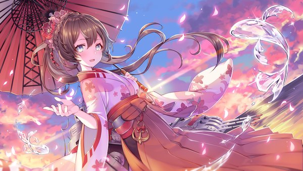 Anime picture 1850x1041 with steelblue mirage rendian (steelblue mirage) reimin single long hair looking at viewer blush fringe highres open mouth blue eyes hair between eyes brown hair wide image standing sky cloud (clouds) outdoors braid (braids) traditional clothes