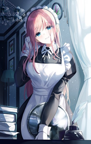 Anime picture 1890x3000 with original gongha single long hair tall image looking at viewer blush fringe highres breasts blue eyes smile standing holding pink hair indoors blunt bangs long sleeves parted lips head tilt