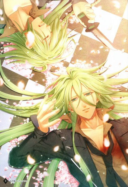 Anime picture 3350x4890 with amnesia idea factory ukyo (amnesia) long hair tall image highres green eyes absurdres lying eyes closed green hair scan single braid open collar checkered floor dual persona boy weapon petals necktie