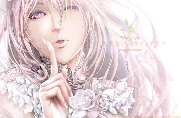 Anime picture 1400x910 with original phriano single long hair open mouth purple eyes white hair one eye closed wink girl flower (flowers) finger
