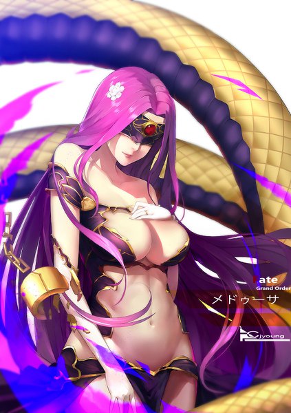 Anime picture 846x1200 with fate (series) fate/grand order fate/stay night rider gorgon (fate) cjyoung single tall image breasts light erotic simple background smile large breasts standing white background bare shoulders signed purple hair upper body very long hair