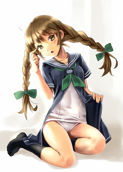 Anime-Bild 642x900 mit original katahira masashi single long hair tall image looking at viewer blush light erotic brown hair sitting braid (braids) no shoes twin braids girl bow swimsuit hair bow socks black socks one-piece swimsuit