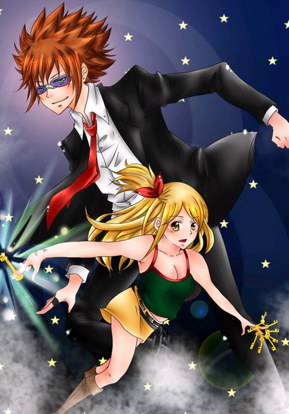 Anime picture 1184x1696 with fairy tail lucy heartfilia loke long hair tall image open mouth blonde hair simple background brown hair brown eyes green eyes tears light zodiac leo (zodiac) girl boy miniskirt glasses necktie