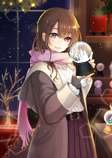 Anime picture 1000x1412 with original mamo (fortune-mm) single long hair tall image fringe hair between eyes brown hair holding indoors pleated skirt pink eyes mole mole under eye lens flare girl skirt gloves belt scarf