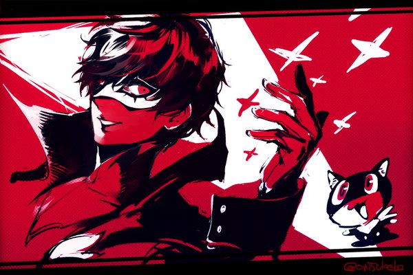 Anime picture 1500x1000 with persona 5 persona amamiya ren morgana (persona 5) colt-slowl short hair signed upper body twitter username boy animal cat mask sleeve cuffs