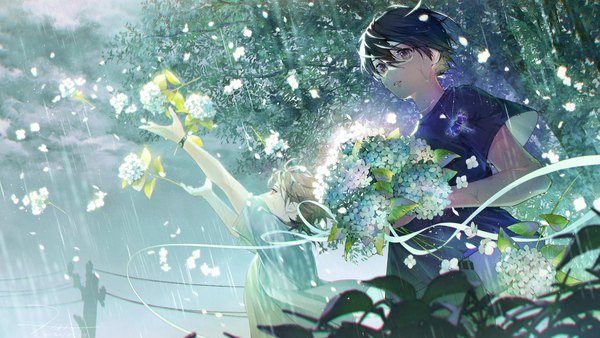 Anime picture 1784x1004 with original hato (dovecot) fringe highres short hair black hair hair between eyes brown hair wide image outdoors arms up multiple boys rain boy flower (flowers) plant (plants) tree (trees) pendant 2 boys t-shirt