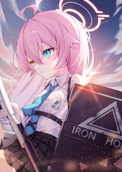 Anime picture 2894x4093 with blue archive hoshino (blue archive) gou 213 single long hair tall image fringe highres hair between eyes looking away pink hair ahoge heterochromia girl weapon necktie gun halo shield