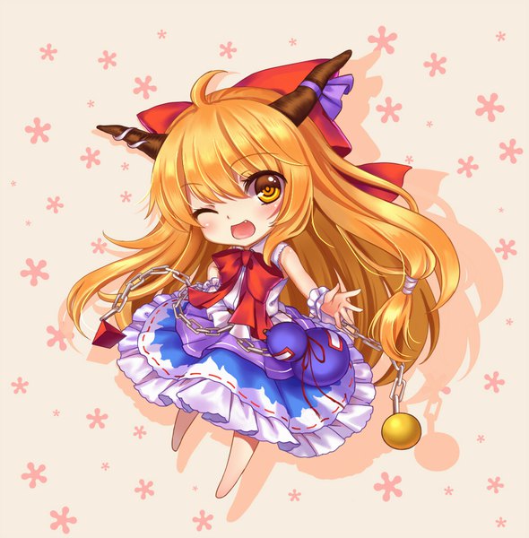Anime picture 1000x1018 with touhou ibuki suika mirror (xilu4) single long hair tall image blush open mouth blonde hair yellow eyes full body ahoge one eye closed horn (horns) wink shadow fang (fangs) chibi floral background girl