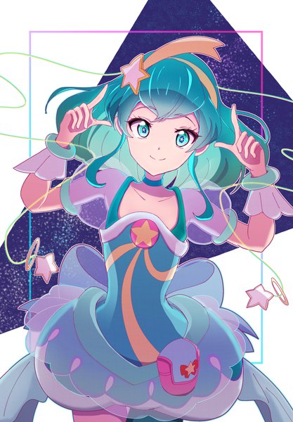 Anime picture 1905x2743 with precure star twinkle precure toei animation hagoromo lala cure milky eaccount single tall image looking at viewer highres short hair smile aqua eyes aqua hair symbol-shaped pupils magical girl girl dress choker star (symbol)