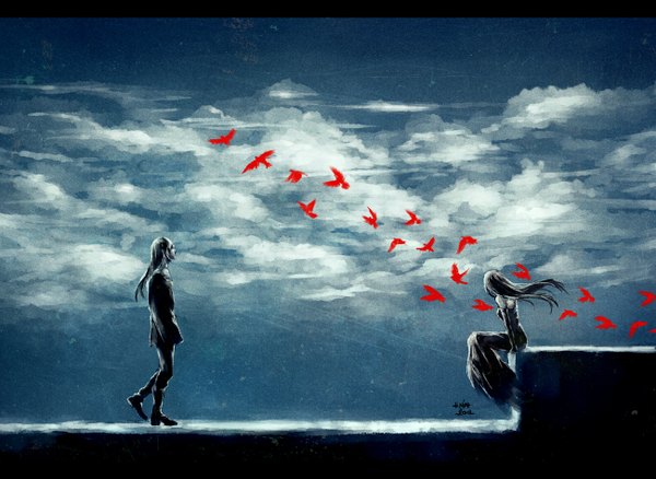 Аниме картинка 1300x950 с оригинальное изображение mara (original character) morana (original character) nanfe длинные волосы чёрные волосы сидит голые плечи подписанный небо облако (облака) letterboxed девушка платье мужчина перчатки животное высокие перчатки ботинки птица (птицы)
