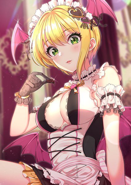 Anime picture 853x1200 with idolmaster idolmaster cinderella girls idolmaster cinderella girls starlight stage miyamoto frederica sutoroa single tall image looking at viewer blush fringe short hair breasts open mouth light erotic blonde hair smile hair between eyes large breasts sitting bare shoulders