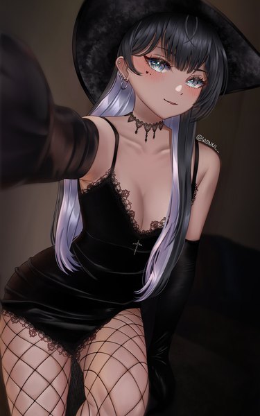 Anime picture 1200x1920 with original wonnikon single long hair tall image looking at viewer blush fringe breasts blue eyes light erotic black hair signed cleavage blunt bangs head tilt multicolored hair arm up mole arm support