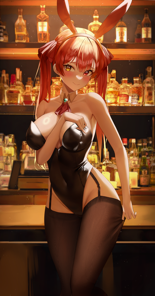 Anime picture 2984x5705 with virtual youtuber hololive houshou marine ryu o single long hair tall image blush fringe highres breasts light erotic red eyes large breasts standing twintails bare shoulders animal ears yellow eyes looking away