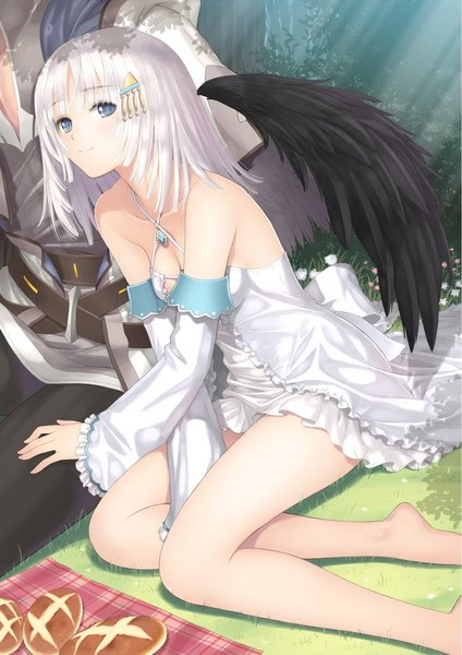 Anime picture 1285x1817 with shining (series) shining ark panis angelicus fried karim tony taka long hair tall image blush highres blue eyes bare shoulders absurdres white hair scan official art girl dress boy hair ornament detached sleeves