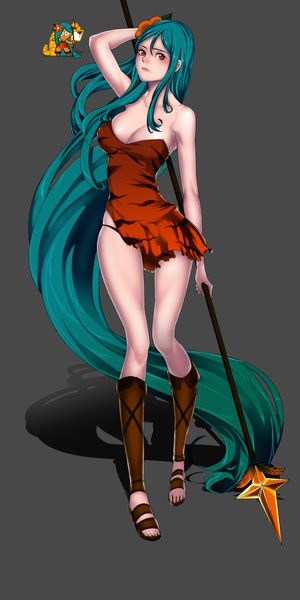 Anime picture 2268x4525 with cookie run tiger lily cookie akchu single tall image looking at viewer fringe highres breasts light erotic simple background hair between eyes large breasts standing bare shoulders brown eyes payot cleavage full body very long hair