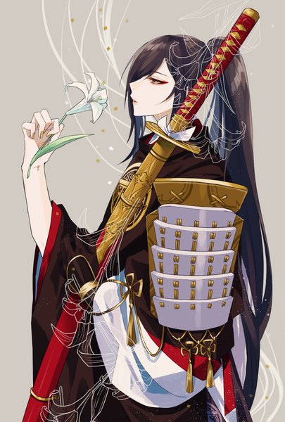Anime picture 1377x2039 with touken ranbu nitroplus tarou tachi yamada chickenko single long hair tall image black hair simple background holding yellow eyes looking away upper body ponytail nail polish traditional clothes parted lips japanese clothes profile grey background