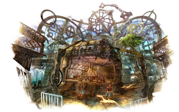 Anime picture 1920x1200 with original taiki (luster) highres wide image white background fantasy steam punk plant (plants) animal tree (trees) bird (birds) stairs gears school