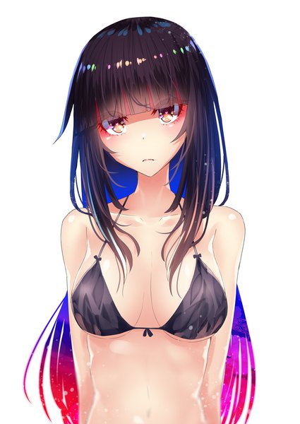 Anime picture 1000x1412 with original someya mai single long hair tall image looking at viewer blush fringe breasts light erotic black hair simple background large breasts white background bare shoulders brown eyes cleavage upper body blunt bangs head tilt