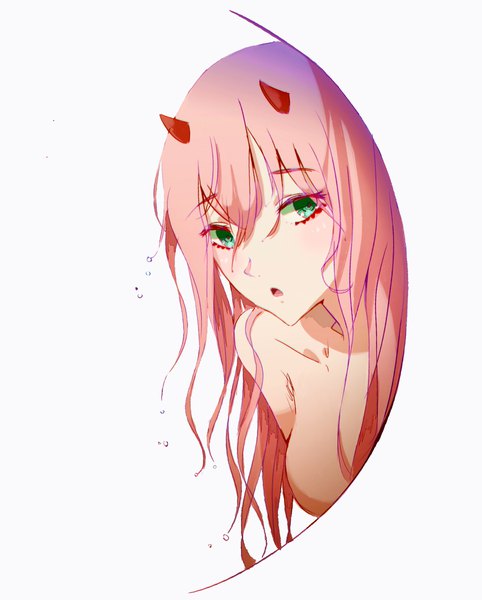 Anime picture 1748x2176 with darling in the franxx studio trigger zero two (darling in the franxx) kudamono single long hair tall image looking at viewer blush fringe highres breasts light erotic simple background hair between eyes large breasts white background green eyes pink hair upper body