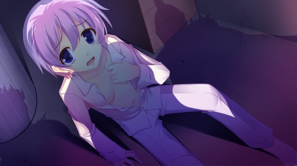 Anime picture 1280x720 with strawberry feels short hair breasts open mouth blue eyes light erotic wide image game cg purple hair open clothes open shirt girl navel