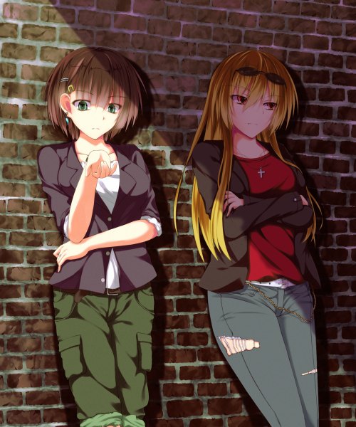 Anime picture 2000x2400 with original nakadadaichi long hair tall image highres short hair blue eyes blonde hair red eyes brown hair multiple girls against wall brick wall girl 2 girls jacket cross sunglasses wall jeans