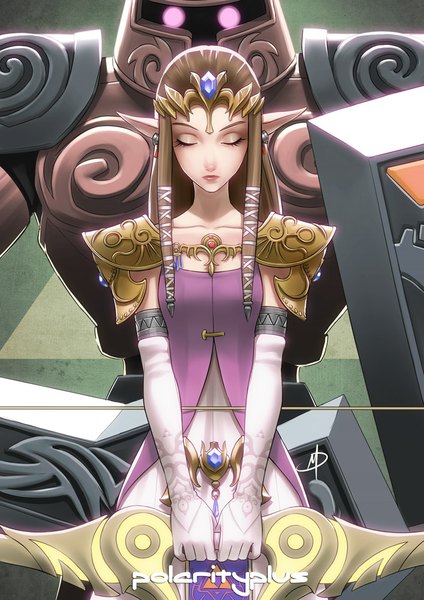 Anime picture 707x1000 with the legend of zelda super smash bros. the legend of zelda: twilight princess nintendo princess zelda tagme (artist) long hair tall image brown hair holding eyes closed lips pointy ears glowing glowing eye (eyes) girl dress gloves bow weapon