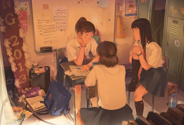 Anime picture 1100x748 with original studio qube long hair blush short hair black hair brown hair sitting multiple girls looking away talking girl skirt uniform school uniform shirt socks book (books) black socks 3 girls