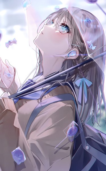 Anime picture 1871x3008 with original miwano rag single long hair tall image blush fringe highres blue eyes holding signed upper body braid (braids) long sleeves parted lips profile blurry scan depth of field sleeves past wrists