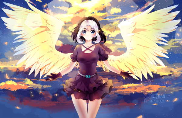 Anime picture 2000x1294 with original squchan single highres short hair blue eyes black hair sky cloud (clouds) white hair multicolored hair pointy ears sunlight two-tone hair spread arms angel wings girl dress gloves wings