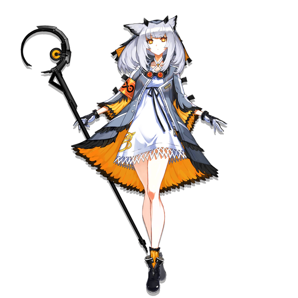 Anime picture 1024x1024 with arknights ptilopsis (arknights) ryuuzaki ichi single long hair looking at viewer silver hair full body open jacket official art orange eyes transparent background goggles around neck girl dress gloves socks jacket white dress staff