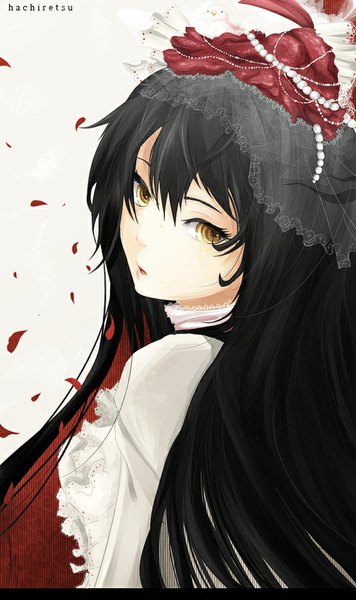 Anime picture 546x918 with original humonster hachiretsu single long hair tall image looking at viewer fringe black hair simple background yellow eyes red hair parted lips looking back multicolored hair two-tone hair girl petals beads