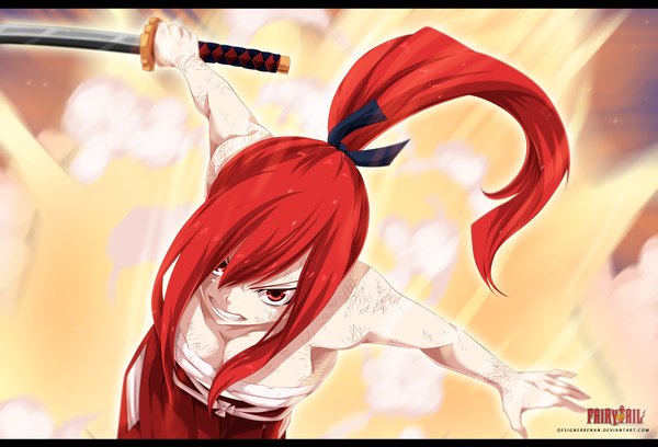 Anime picture 2000x1360 with fairy tail erza scarlet designerrenan single long hair highres red eyes ponytail red hair inscription grin coloring light smoke angry girl ribbon (ribbons) weapon hair ribbon sword