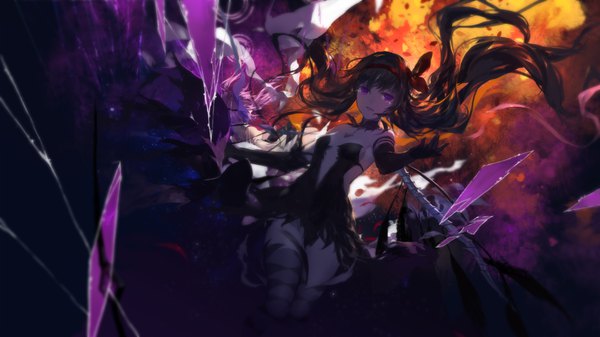 Anime picture 3840x2160 with mahou shoujo madoka magica shaft (studio) akemi homura akuma homura swd3e2 single long hair looking at viewer highres black hair smile wide image purple eyes absurdres parted lips tears floating hair dark background outstretched hand happy tears