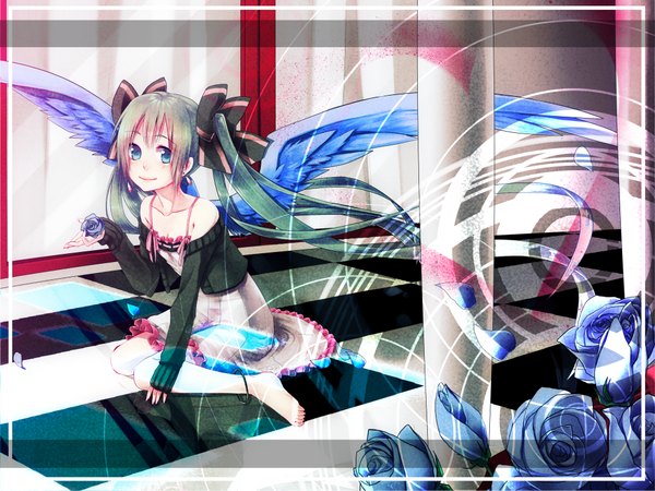 Anime picture 1000x750 with vocaloid hatsune miku hijiri-ssh single blue eyes twintails bare shoulders very long hair aqua hair girl dress flower (flowers) bow hair bow wings