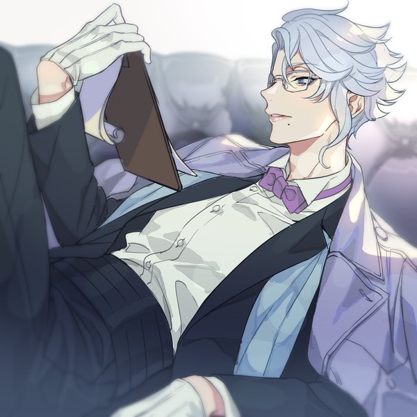 Anime picture 2000x2000 with twisted wonderland azul ashengrotto manomenou single highres short hair blue eyes looking away silver hair profile mole reclining mole under mouth clothes on shoulders reading boy gloves shirt glasses white gloves