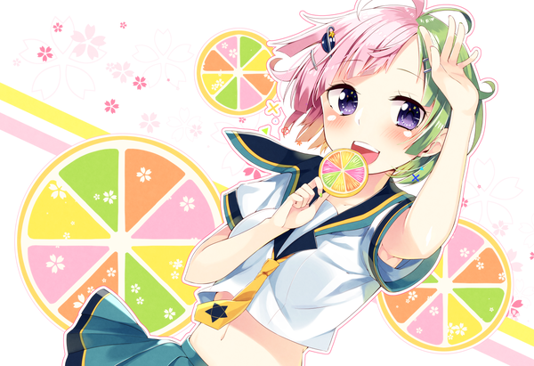 Anime picture 1600x1098 with original sakuragi ren single blush short hair open mouth smile white background purple eyes looking away pink hair ahoge :d multicolored hair green hair two-tone hair bare belly hand on head girl skirt