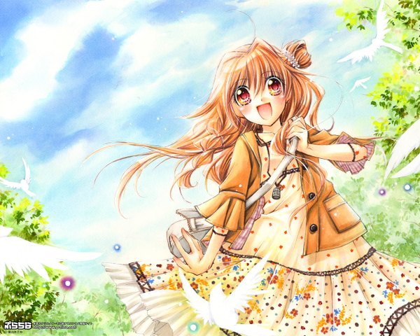 Anime picture 1280x1024 with original tagme (artist) single long hair blush red eyes brown hair sky cloud (clouds) wind happy girl plant (plants) animal tree (trees) bird (birds) pendant bag sundress