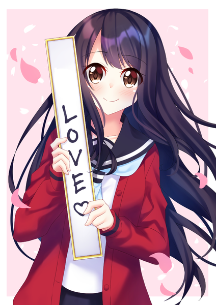 Anime picture 723x1023 with senryuu shoujo yukishiro nanako kitsuneco single long hair tall image looking at viewer blush fringe black hair simple background smile standing holding brown eyes long sleeves open clothes text floating hair border